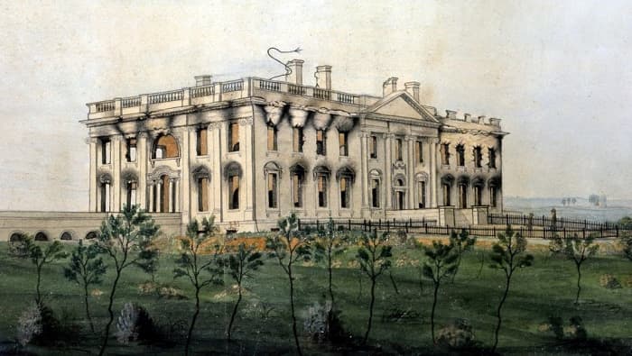 "The President's House". Cira 1814-1815. by George Munger. The painting shows the burnt out shell of the President's House after it was nearly burn't down by the British.