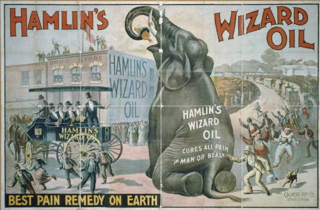 Hamlin's Wizard Oil was widely distributed throughout the USA through exciting medicine shows. Fortunately, this oil was relatively harmless when compared to other patent medicines of the era.