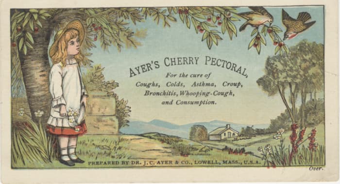 Marketed as a cough syrup, Ayer's Cherry Pectoral contained either morphine or heroin, depending on the list of ingredients referenced.