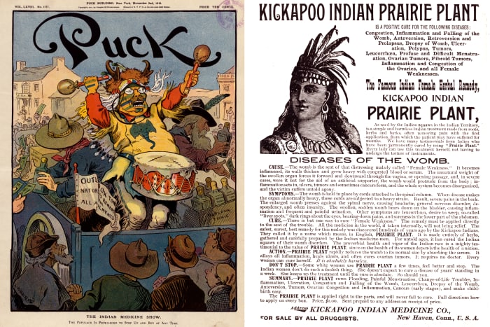 A medicine show put on by the Kickapoo Indian Company attempts to sell "Outlook Tonic" to bystanders on a national tour.