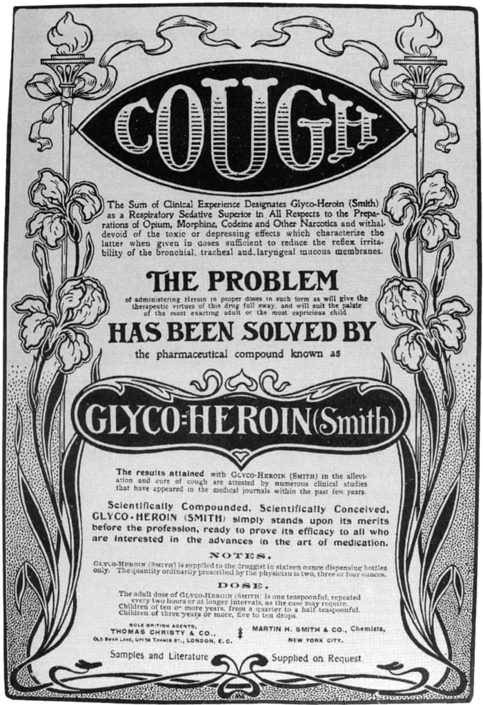 Bayer's heroin was sold for use in compounding cough medicines. The addictive nature of heroin was quickly discovered and the drug was banned in 1924 from the USA.