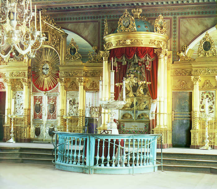 Bema in an Eastern Orthodox church, with three steps leading up to it. Assumption Cathedral in Smolensk, western Russia
