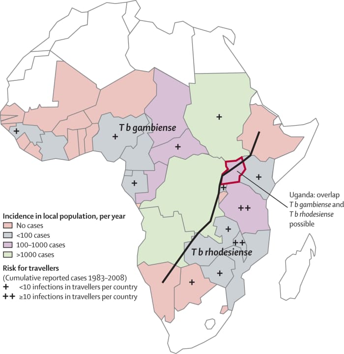 Spatial distribution of East African (T. b. rhodesiense) and West African (T. b. gambiense) sleeping sickness