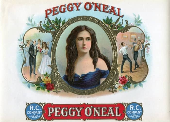 A colorful cigar box label shows President Jackson introduced to Peggy O'Neal (left) and two lovers fighting a duel over her (right).