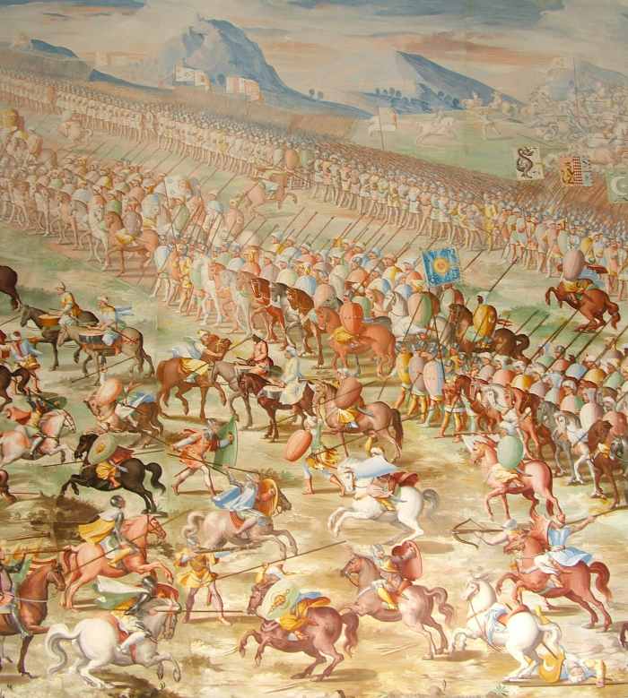 Battle of La Higueruela, 1431. Note the differences in tail carriage of the various horses in the painting. The Arabian's high-carried tail is a distinctive trait.