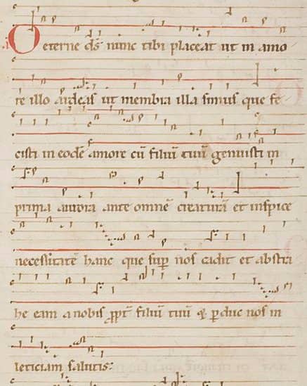 This illuminated manuscript shows one of Hildegard's antiphons, O Aeterne Deus.