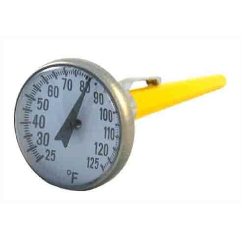 This is a concrete thermometer with a range of 25 to 125 degrees Fahrenheit. Since it contains the acceptable range of 30 to 120 degrees, this thermometer would be able to be used for this test.