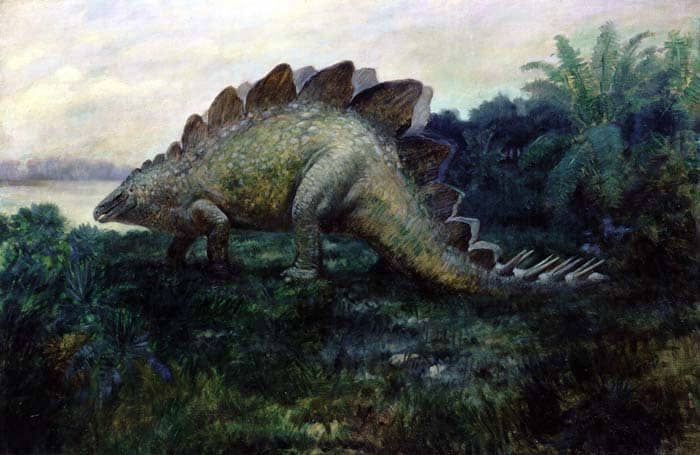 Life restoration of Stegosaurus ungulatus Marsh. By Charles R. Knight, 1901. After F.A. Lucas.