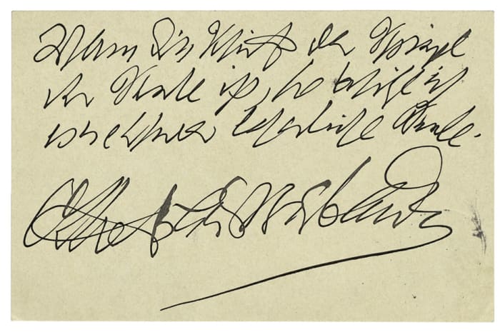 In 1909, the German writer Otto Bierbaum mailed this postcard with a pun about graphology: “If handwriting is a mirror of the soul, I own a hardly legible soul.”