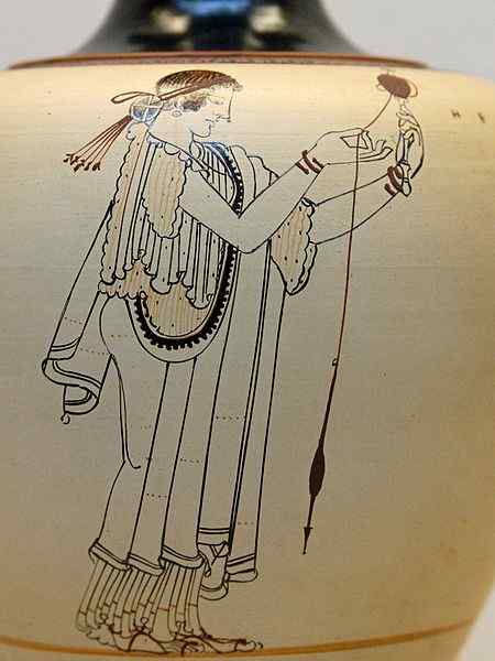 Woman spinning wool. Detail from an Ancient Greek Attic white-ground oinochoe, ca. 490 BC, from Locri, Italy. British Museum, London.