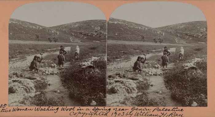 Native Women Washing Wool in a Spring Near Jenin, Palestine, a photograph by William H. Rau showing women washing wool near the city of Jenin, circa 1903.