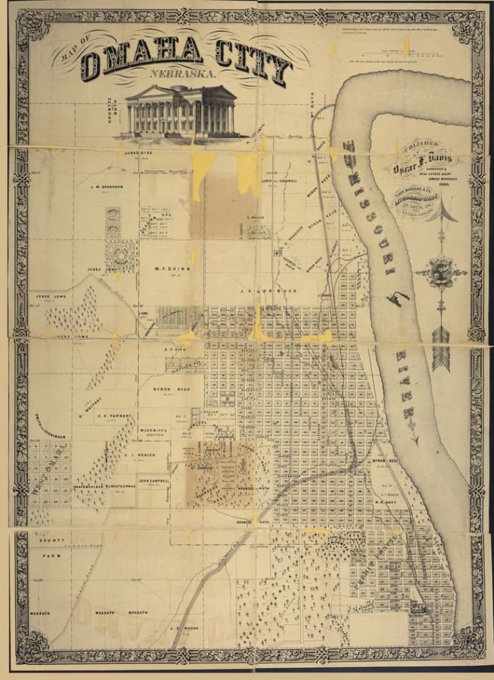 Map of Omaha City, Nebraska, 1866. Although people know Omaha as a sleepy midwest town now, it was a true wild west outlaw town, with a strong criminal element, in its early days.