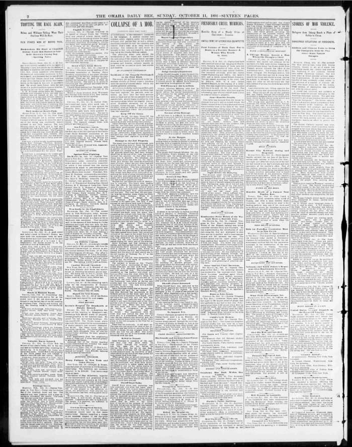 Cover of Omaha Bee, October 11, 1891, page 2, regarding lynching of George Smith.