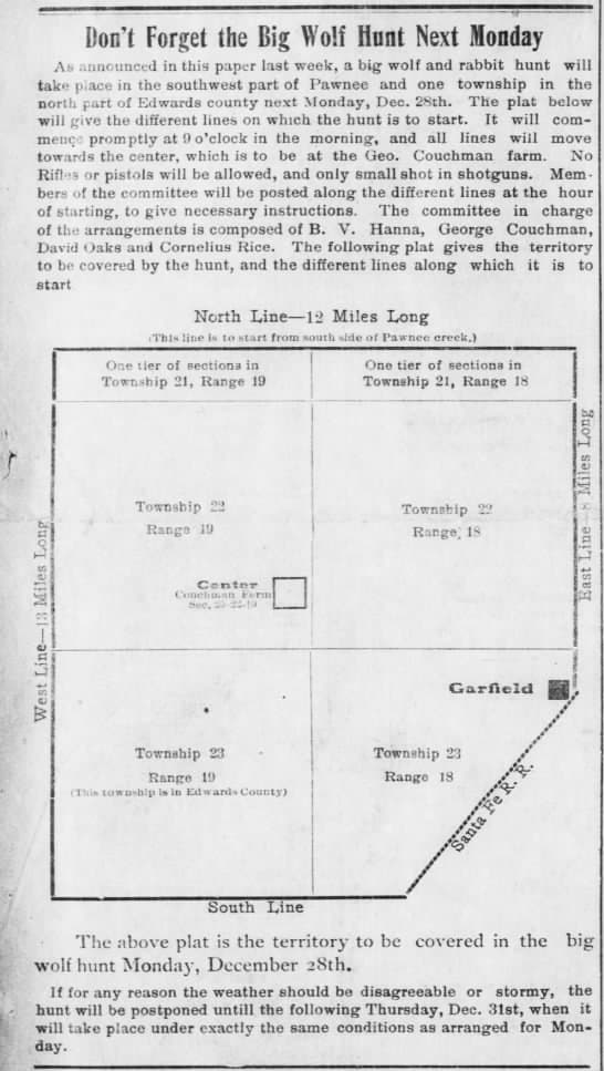 Only shotguns with small shot were allowed for safety reasons. No rifles or pistols were permitted. (Abilene Weekly Reflector (Abilene, Kansas) 18 Jan 1912, Thu • Page 5)