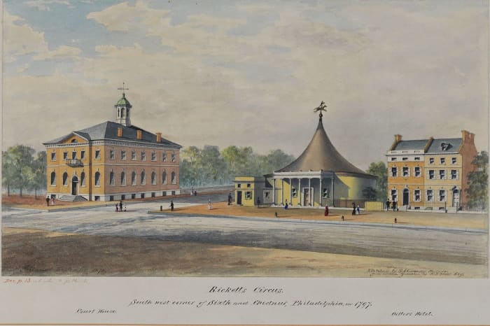 Ricketts' Art Pantheon and Amphitheater (center), located on the corner of Sixth and Chestnut Streets in Philadelphia, Pennsylvania, was opened in 1794. It caught fire on December 17, 1799.