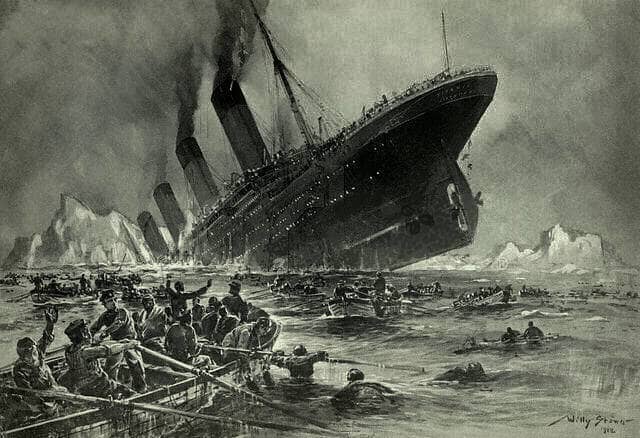 The Sinking of the Titanic as imagined by Willy Stöwer. It incorrectly shows smoke billowing from the fourth funnel, which was fake and only installed for aesthetic reasons.