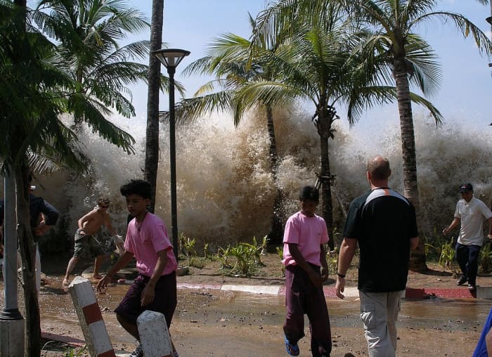 This shot captures the very destructive 2004 tsunami as it comes ashore in Thailand. A megatsunami would likely have a higher wall of water.