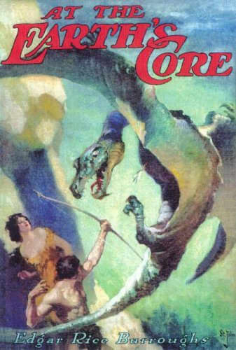 The dust jacket for the 1922 edition of Edgar Rice Burrough's famous fantasy story "At the Earth's Core" in which he imagined a lost world of dinosaurs and primitive people. Of course, we now know the earth is a solid lump of iron and nickel.