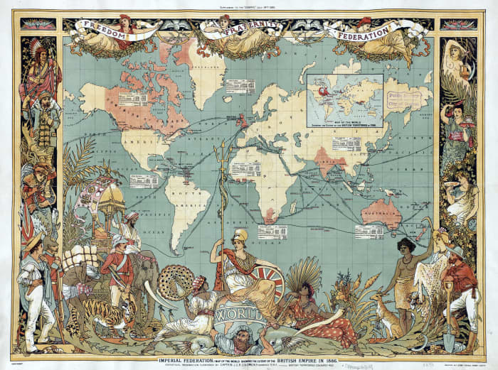 An elaborate map of the British Empire in 1886, marked in pink, the traditional color for imperial British dominions on maps - by the late Victorian period, some Britons were anxious about perceived moral and social decay eroding the empire.