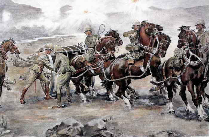 "Saving the guns at Colenso" by Sidney Paget - Colenso, Modder River, and Spion Kop were all British losses to the Boers. Elandslaagte was a British victory where the British later conceded their grounds gained to the Boers only two days later.