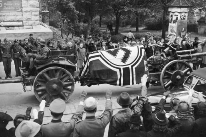 Funeral procession of Rommel, following his suicide. To cover-up his role in the plot to kill Hitler, the Nazis depicted Rommel as dying in battle on the Eastern Front.
