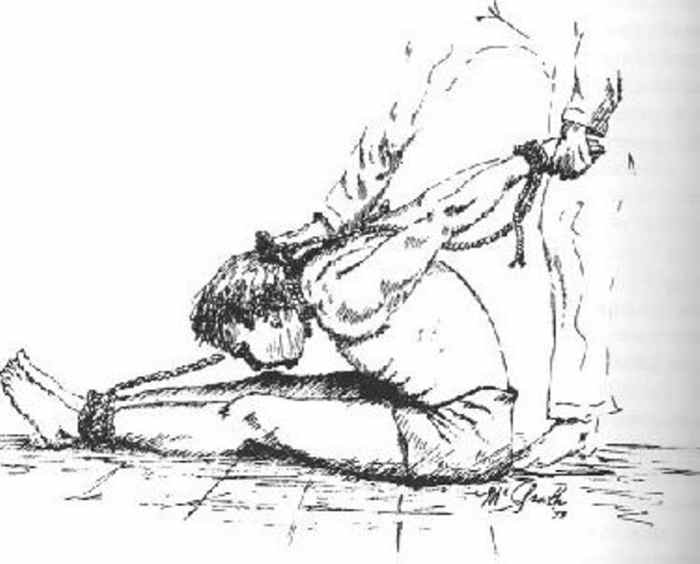 One of the many types of rope torture used by the North Vietnamese. The men's arms were usually pushed up and forward, attached to a hook in the ceiling.