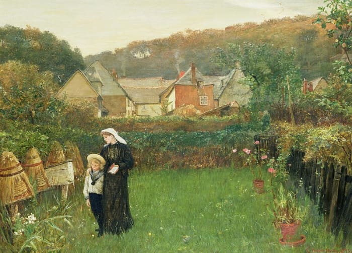 In Charles Napier Hemy's 1897 painting a widow and her son tell the bees about the death of their master.