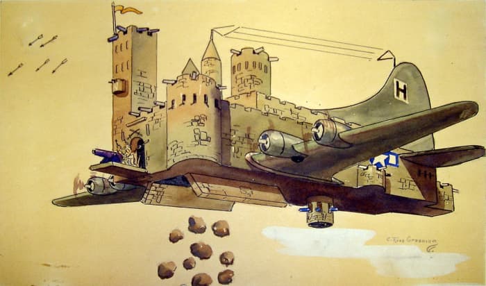 While a prisoner of war, Lt. Col. C. Ross Greening created this fanciful vision of a B-17 playing on its nickname of “Flying Fortress.”