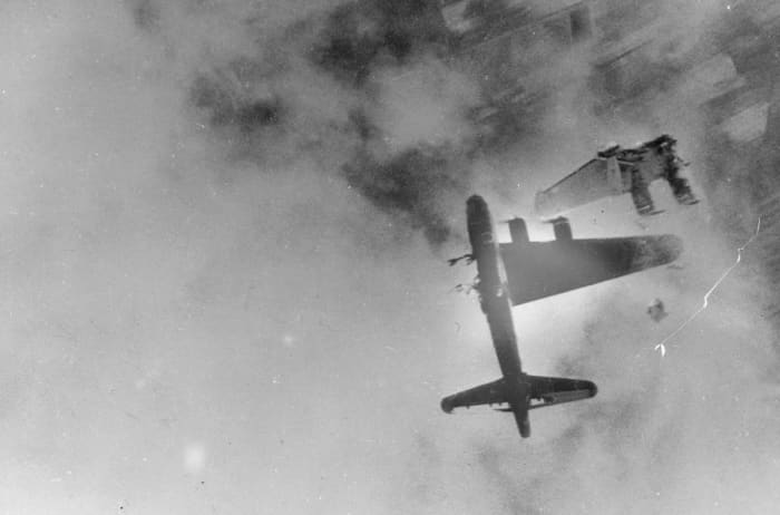 The port wing of this B-17 has been blown off by enemy fire. The pilot, Lieutenant Robert E. Fuller, was the only survivor.