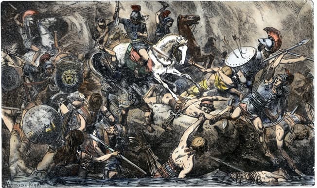 PELOPONNESIAN WARS. Destruction of the Athenian Army in Sicily during the Peleponnesian War, 413 B.C.: wood engraving, 19th century.