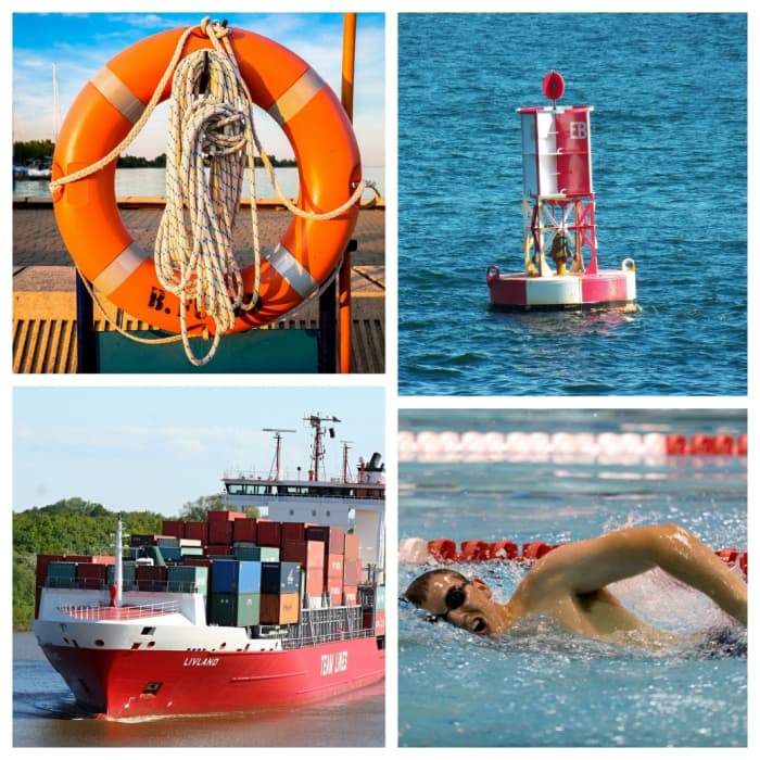 Things that need to have positive buoyancy. Clockwise from the top: A life belt, marking buoy, swimmer, ship.