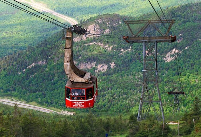 Cannon Mountain Aerial Tramway and Franconia Notch: the first aerial tramway in North America, the Cannon Mountain Aerial Tramway carried its first passengers to the 4,080-foot summit high above Franconia Notch in 1938. Photo by Jaine via Flickr.