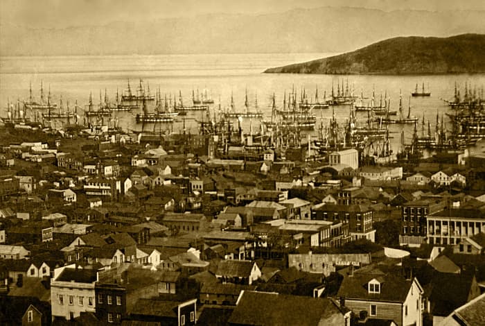 San Francisco harbor circa 1850. The congestion in the harbor often forced ships to wait days before unloading their passengers and cargo.