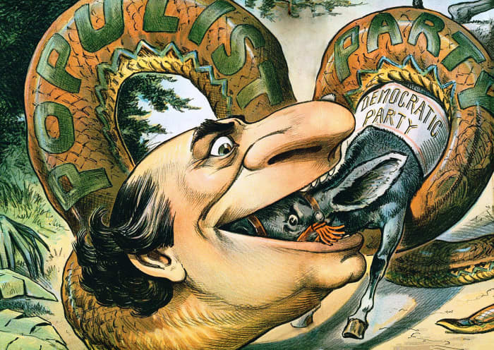 An 1896 cartoon shows Presidential candidate William Jennings Bryan swallowing the Democratic Party with Populist support.