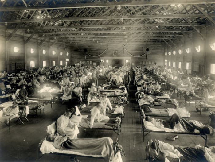 Soldiers afflicted with the Spanish Flu were housed in makeshift hospitals, like the one pictured here at Camp Funston, Kansas.