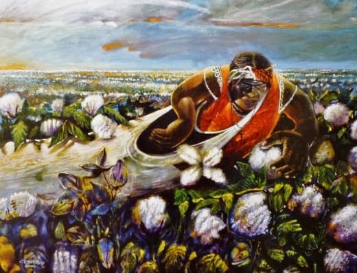 Detail of "Mama Jewel (Picking Cotton)," by Charles Criner, 2000. From a Juneteenth poster printed by Heidelberg.