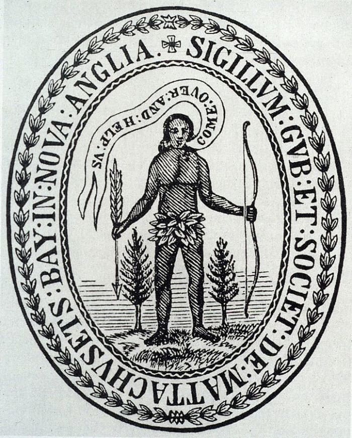 Seal of Massachusetts Bay Colony. It featured an Indian holding an arrow pointed down in a gesture of peace, and the unlikely words "Come over and help us," emphasizing the missionary intentions of the colonists.