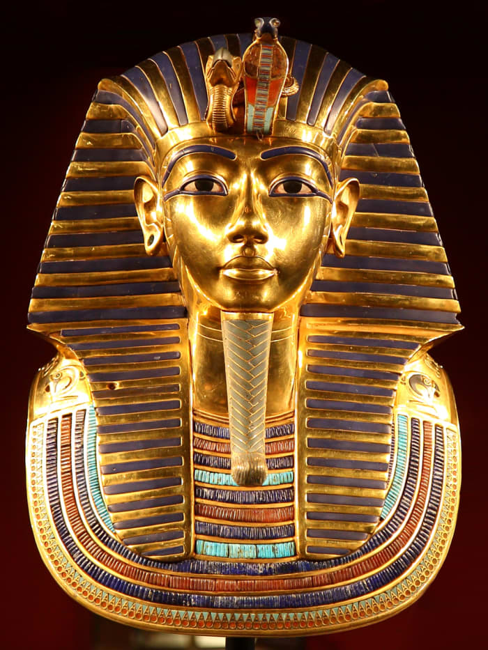 The iconic burial mask of pharaoh Tutankhamen contains inlays of carnelian in the wide collar of the mask.