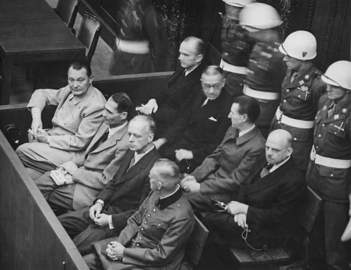 Herman Goring (far left) was the most senior Nazi tried for war crimes. He managed to cheat the hang man by committing suicide.