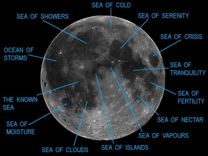 This map is annotated with most of the major Mares or 'Seas' on the Moon. The most prominent of these will be briefly described in the text below