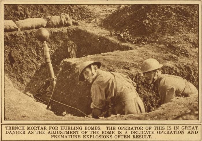 Troops about to fire the British 2 inch Medium Mortar from the shelter of a separate trench bay in case of misfire, World War I.