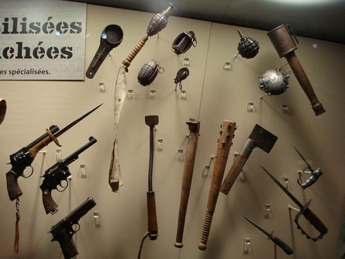 Trench weapons used by British and Canadian soldiers in WWI on display at the Canadian War Museum in Ottawa.