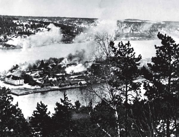 WW2: The Main Fort of the Norwegian Oscarsborg Fortress, at the approaches to Oslo, under attack from Luftwaffe bombers on 9 April, 1940