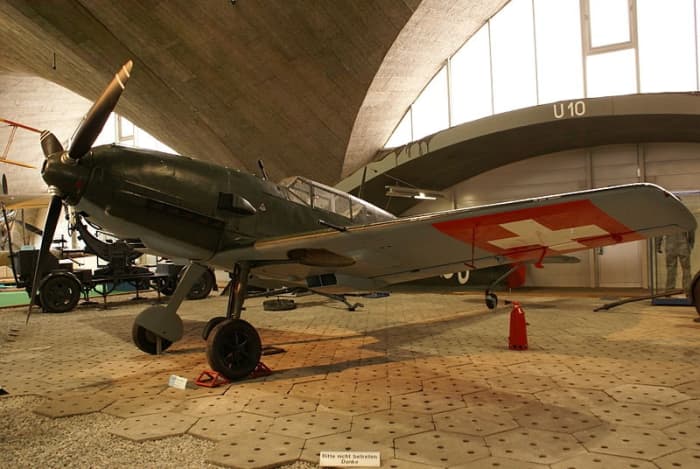 WW2: Messerschmitt Bf 109 E-3 (Me 109) fighter aircraft as used by the Swiss Air Force, 1939-1948.