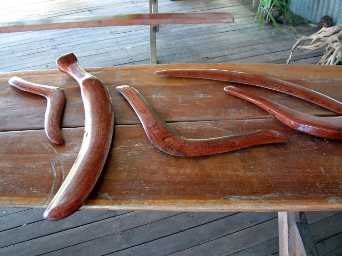 A mix of boomerang and throwing sticks - the latter were never designed to return to the thrower but to be thrown straight and hard to bring down game
