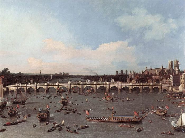 Westminster Bridge in 1746 during Lord Mayor's Day. There is still a Lord Mayor's Parade each year, but it takes place on land.
