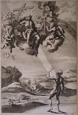 Engraving by Michael Burgesse after John Baptist Medina. Illustration to Book 3 of Paradise Lost, by John Milton.