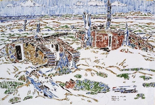 ww1: Painting of wrecked tanks in a wood. Actual title: Wrecked Tanks near Sanctuary Wood by David Brown Milne (1882-1953)