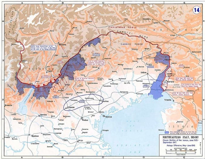 WWI: Map of the Italian Front (1915-1917). Blue areas show where major battles occurred, although the blue area in the east (right) was where 12 Battles of the Isonzo were fought.