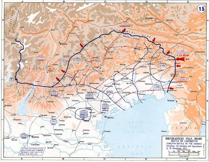 World War One: Map of the Italian Front showing the hundred mile advance of the Germans and Austrians in the Twelfth Battle of the Isonzo (also called the Battle of Caporetto) in late 1917.